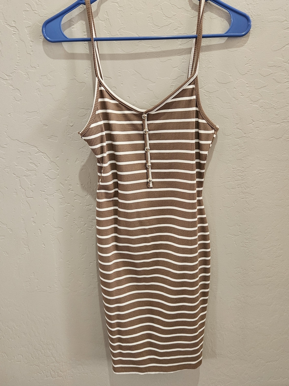 Striped Ribbed Mini Dress with Button-Front in Brown and White